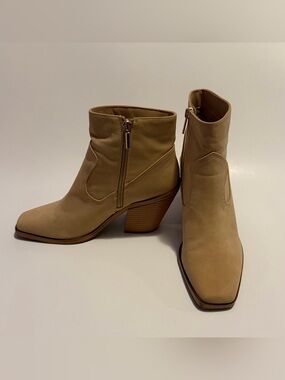 Classic Beige Ankle Booties with Stacked Heel